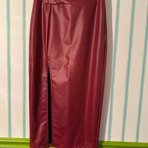 Faux Leather Burgundy Midi Skirt with Front Slit